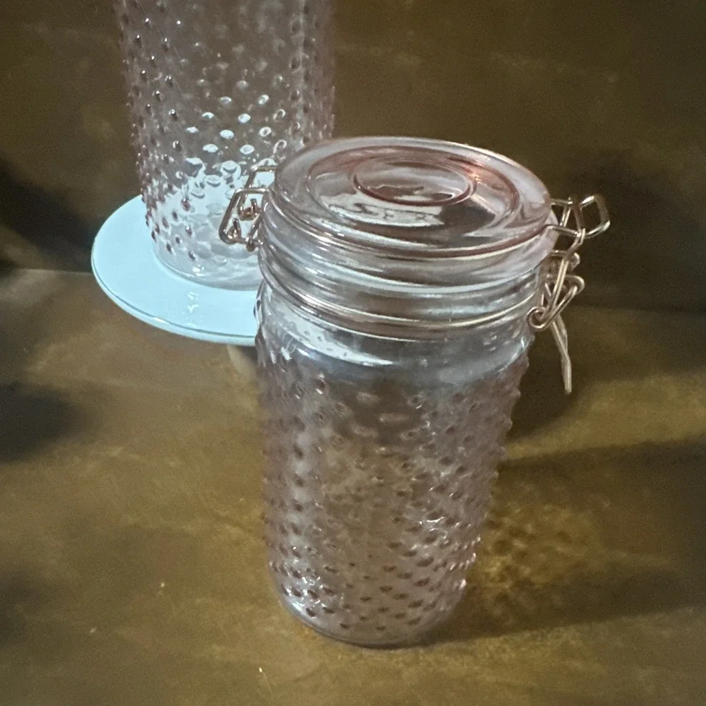 2-Hobnail Pink Glass Jar Canister Flip Top Lid 7-3/4